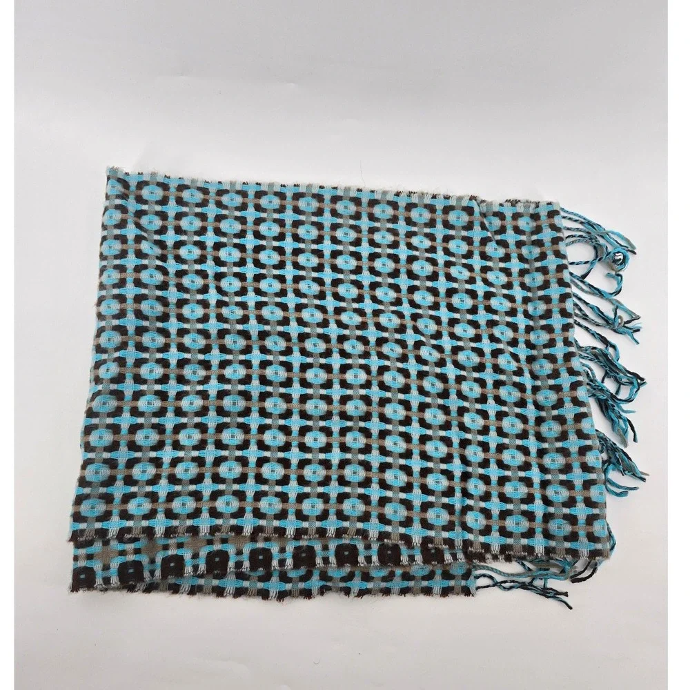 Unbranded Scarf Unisex OS Blue Brown 100% Cashmere Italy Geometric Fringe